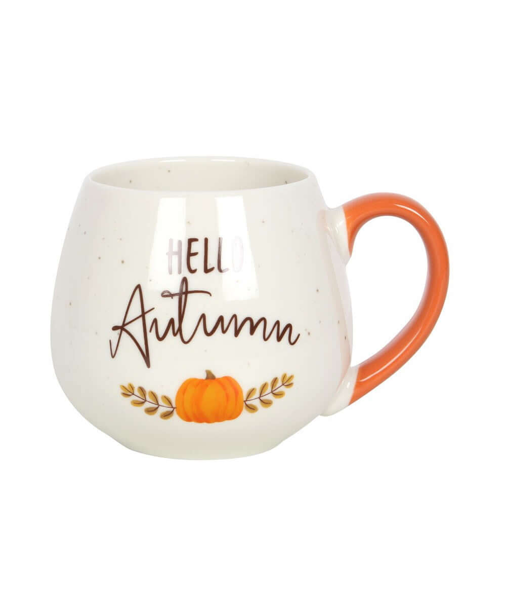 Mug Hello Autumn sélection Merci Léonie, sur fond blanc, vue de trois-quarts