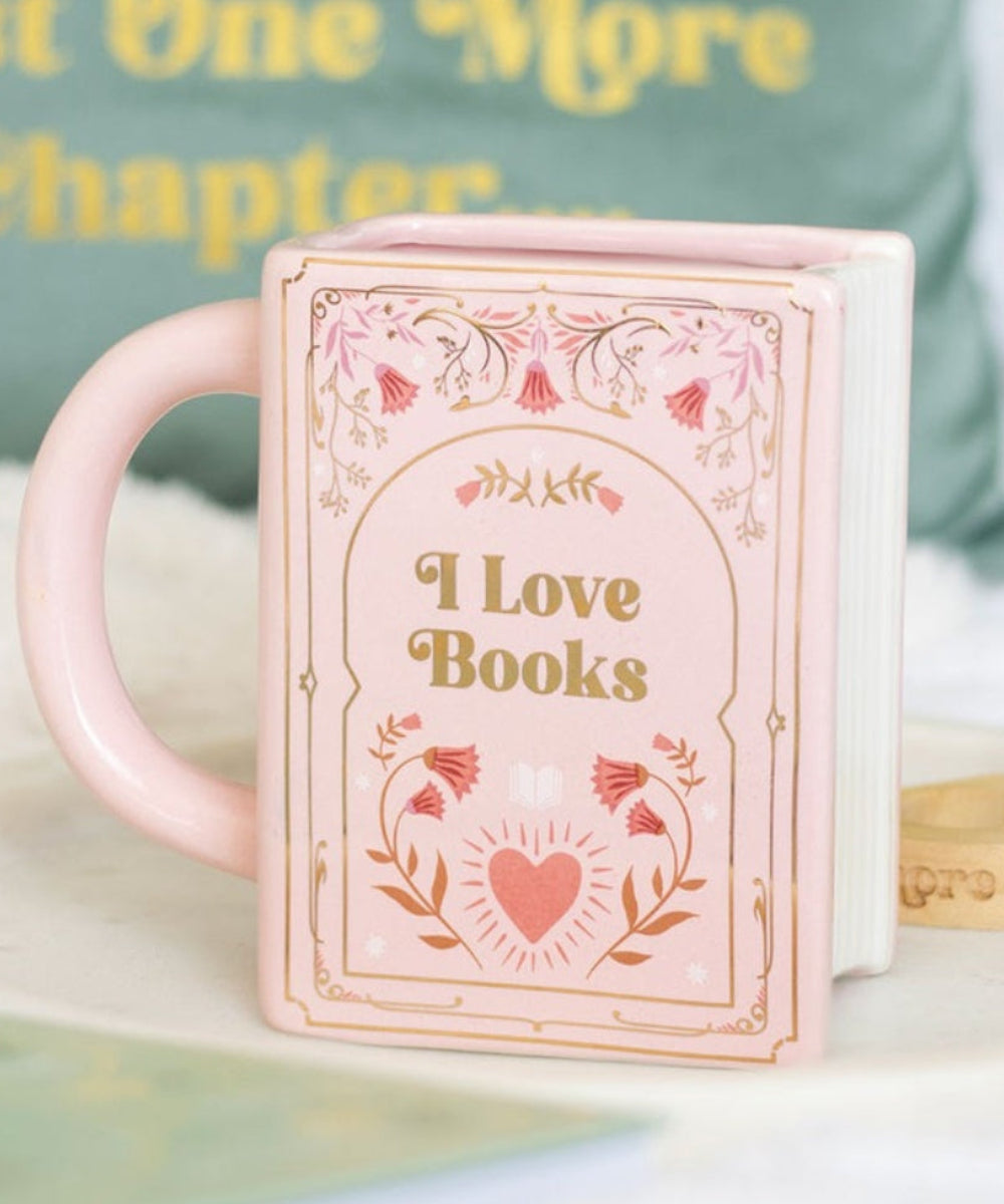 Mug en céramique en forme de Livre accompagné du message "I love books"