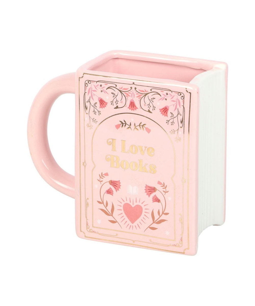 Mug en céramique en forme de Livre accompagné du message "I love books"