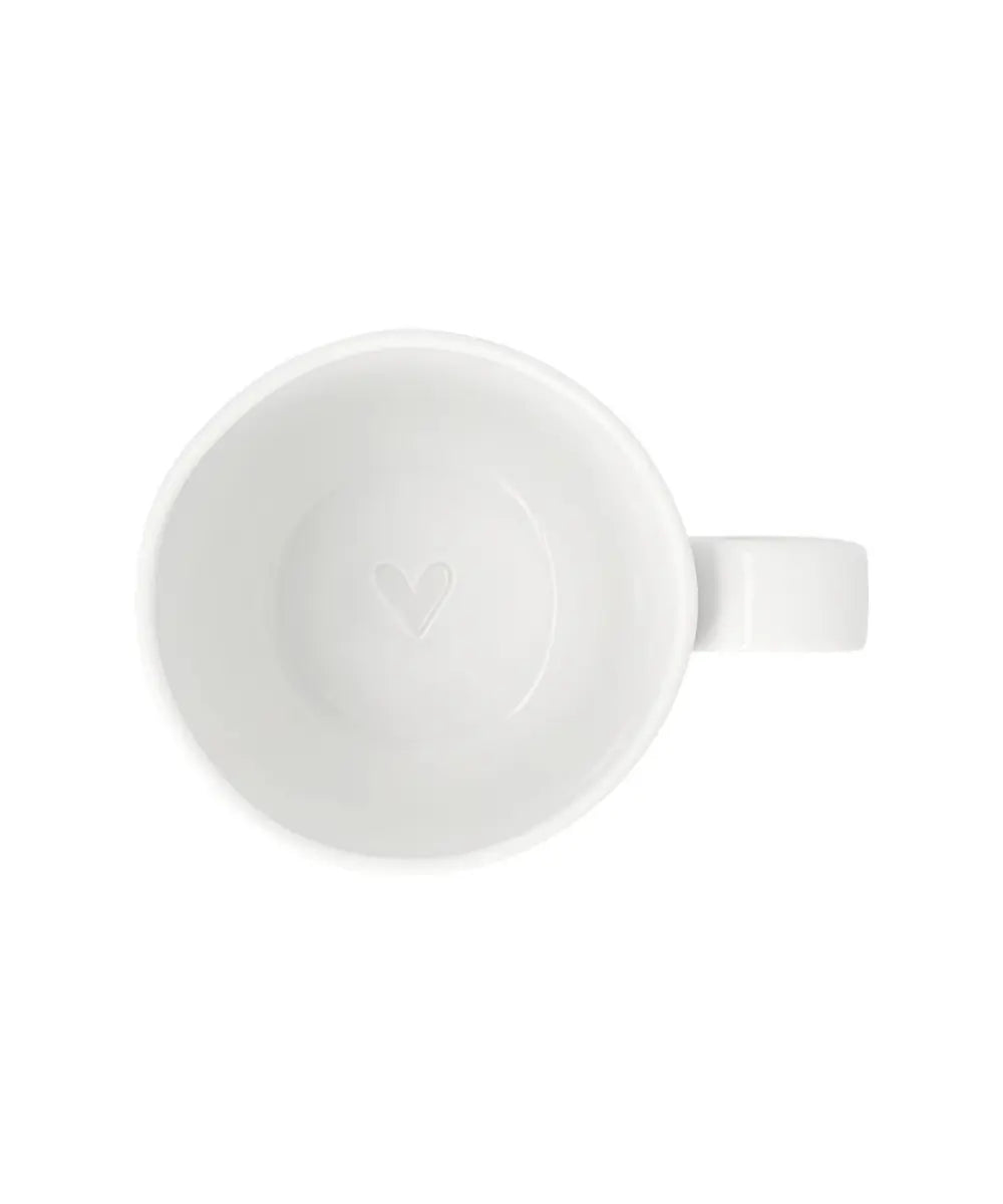 Mug en porcelaine blanche mum rader avec coeur dore et motif en relief.