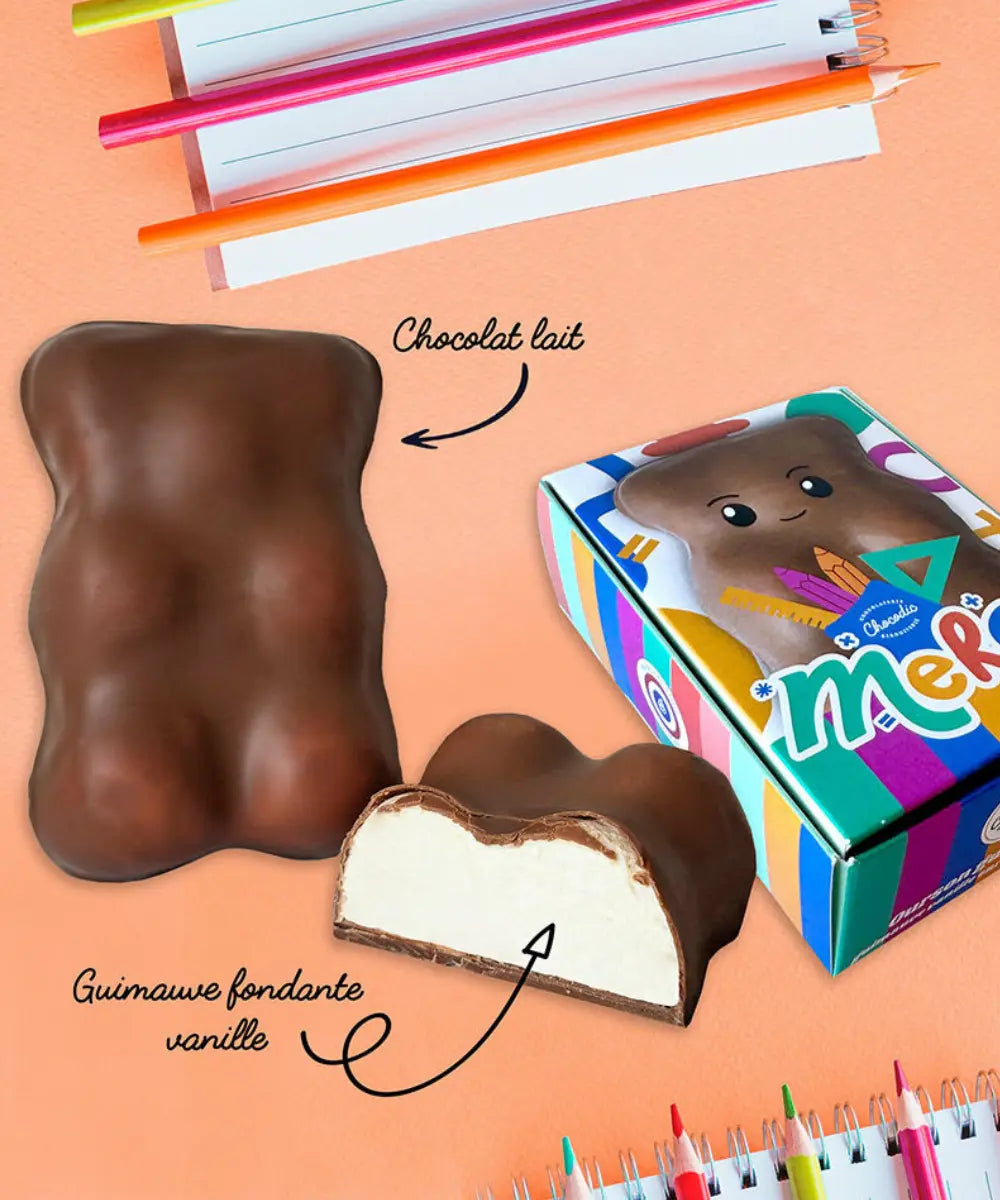 Coffret cadeau avec un grand ourson en chocolat artisanal et guimauve vanille collection Merci.