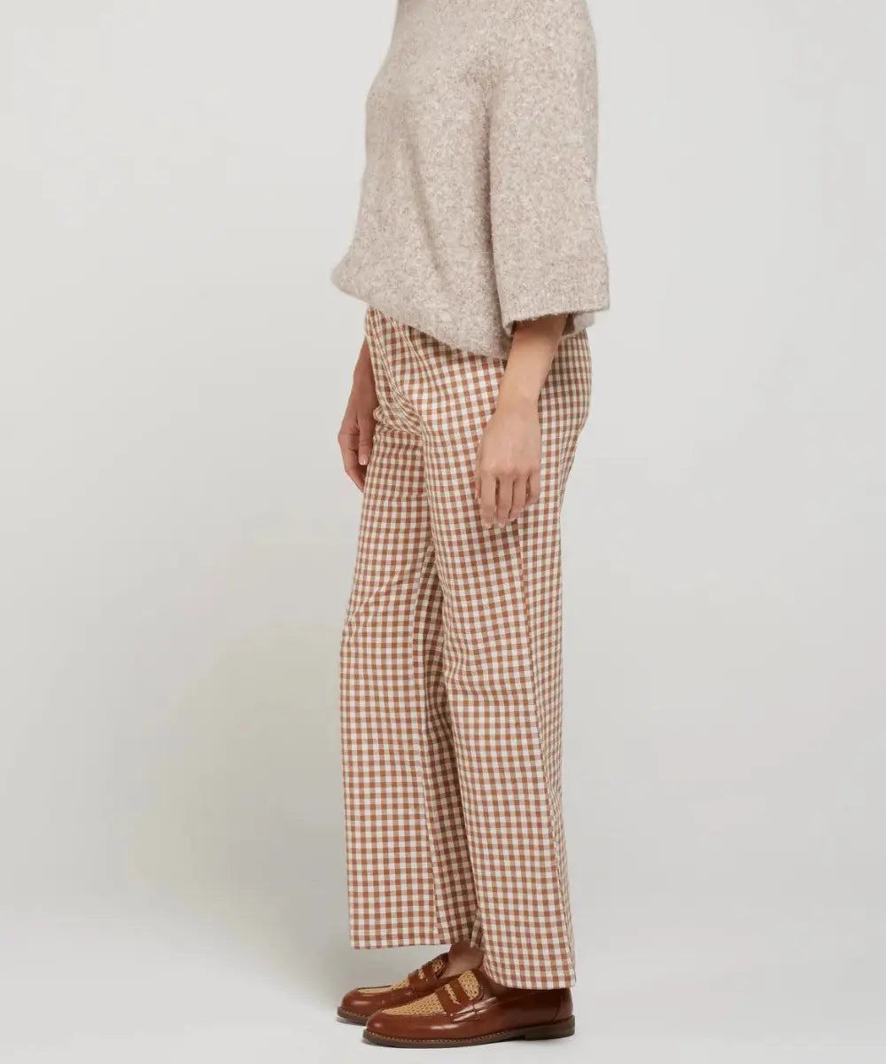 Pantalon pour femme motif vichy camel réalisé en coton