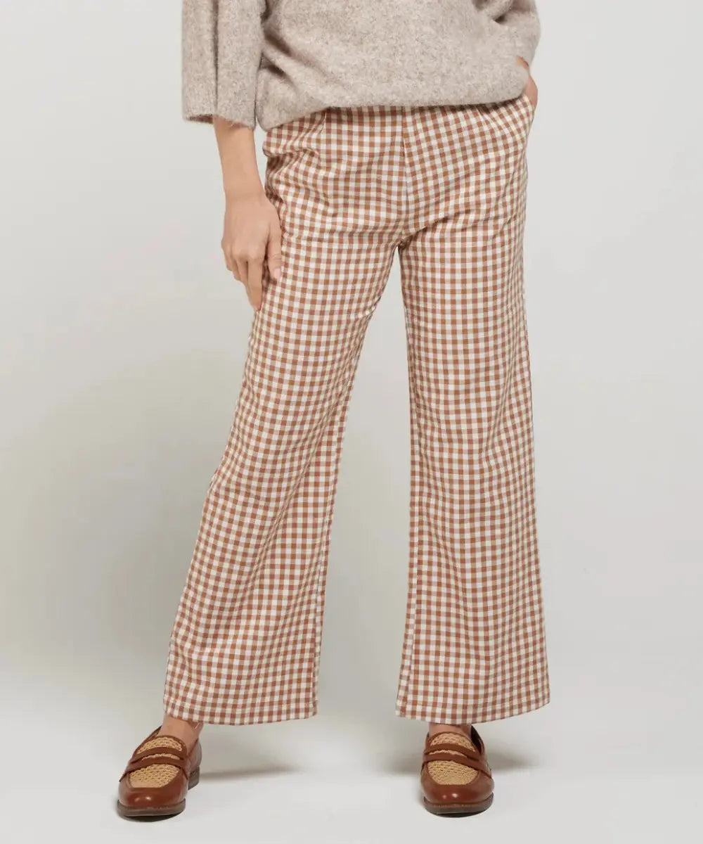Pantalon pour femme motif vichy camel réalisé en coton