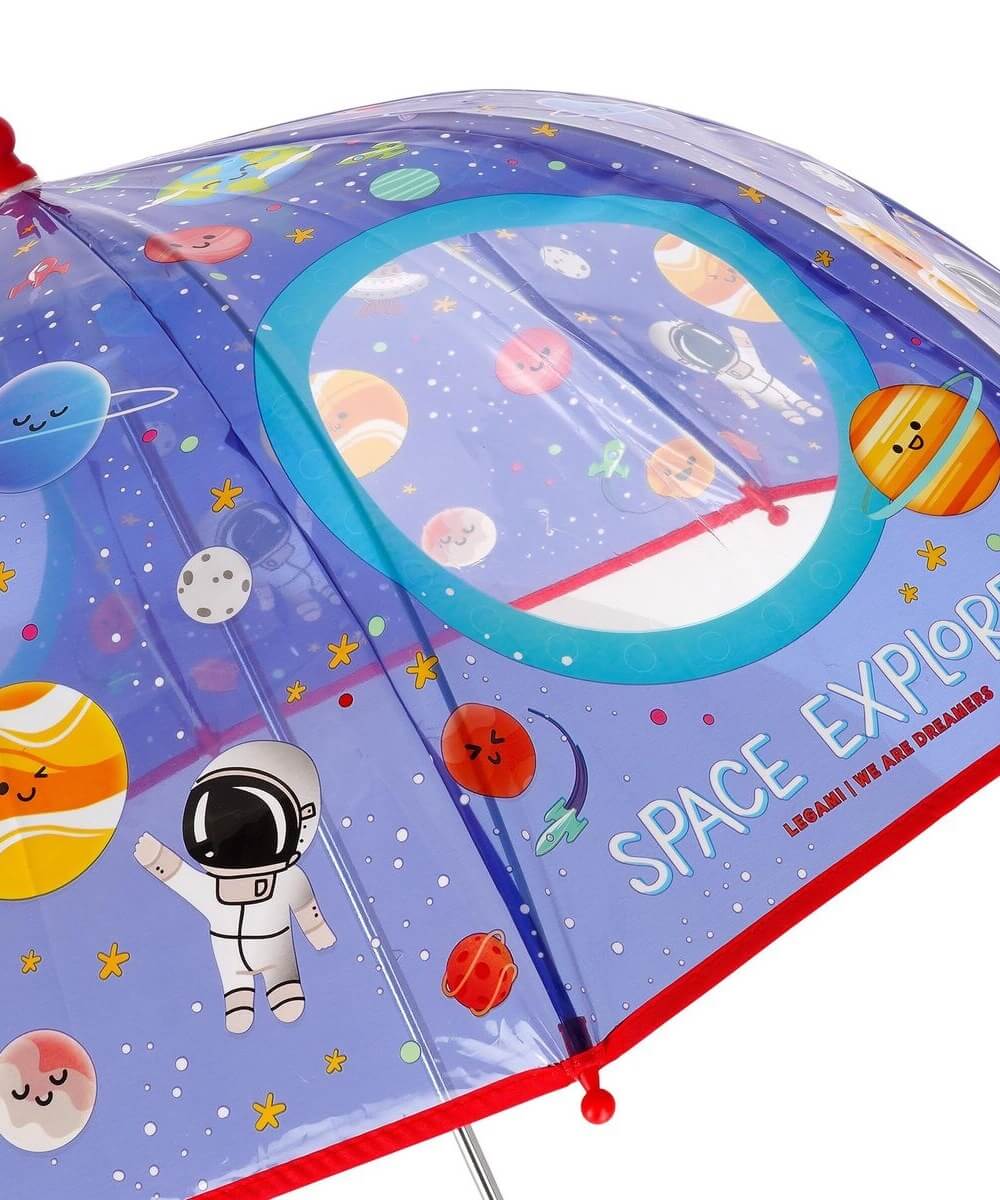 Détail du motif Espace sur la toile transparente du parapluie enfant Legami