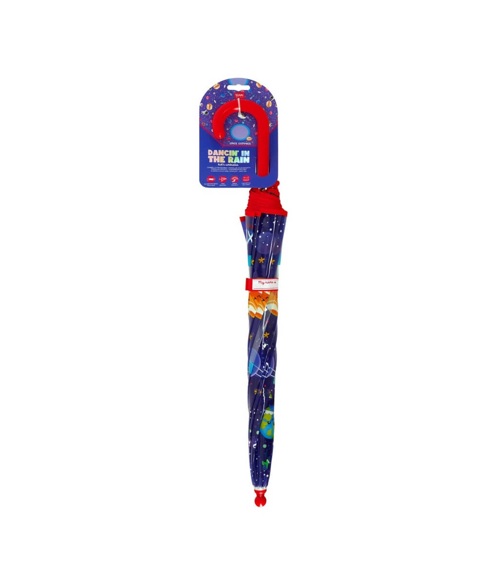 Parapluie enfant Espace de Legami fermé, présenté sur fond blanc