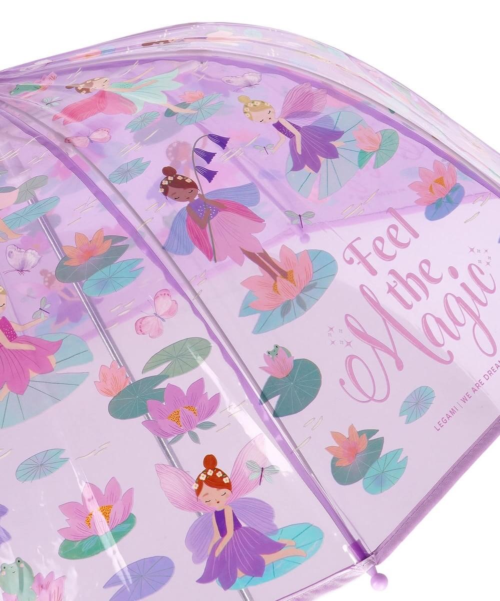 Détail du motif Fées sur la toile transparente du parapluie enfant Legami