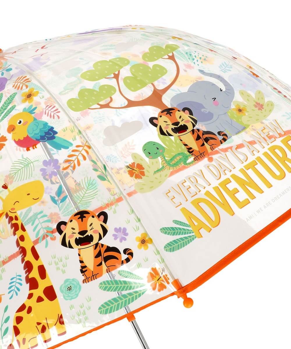 Détail du motif Jungle sur la toile transparente du parapluie enfant Legami