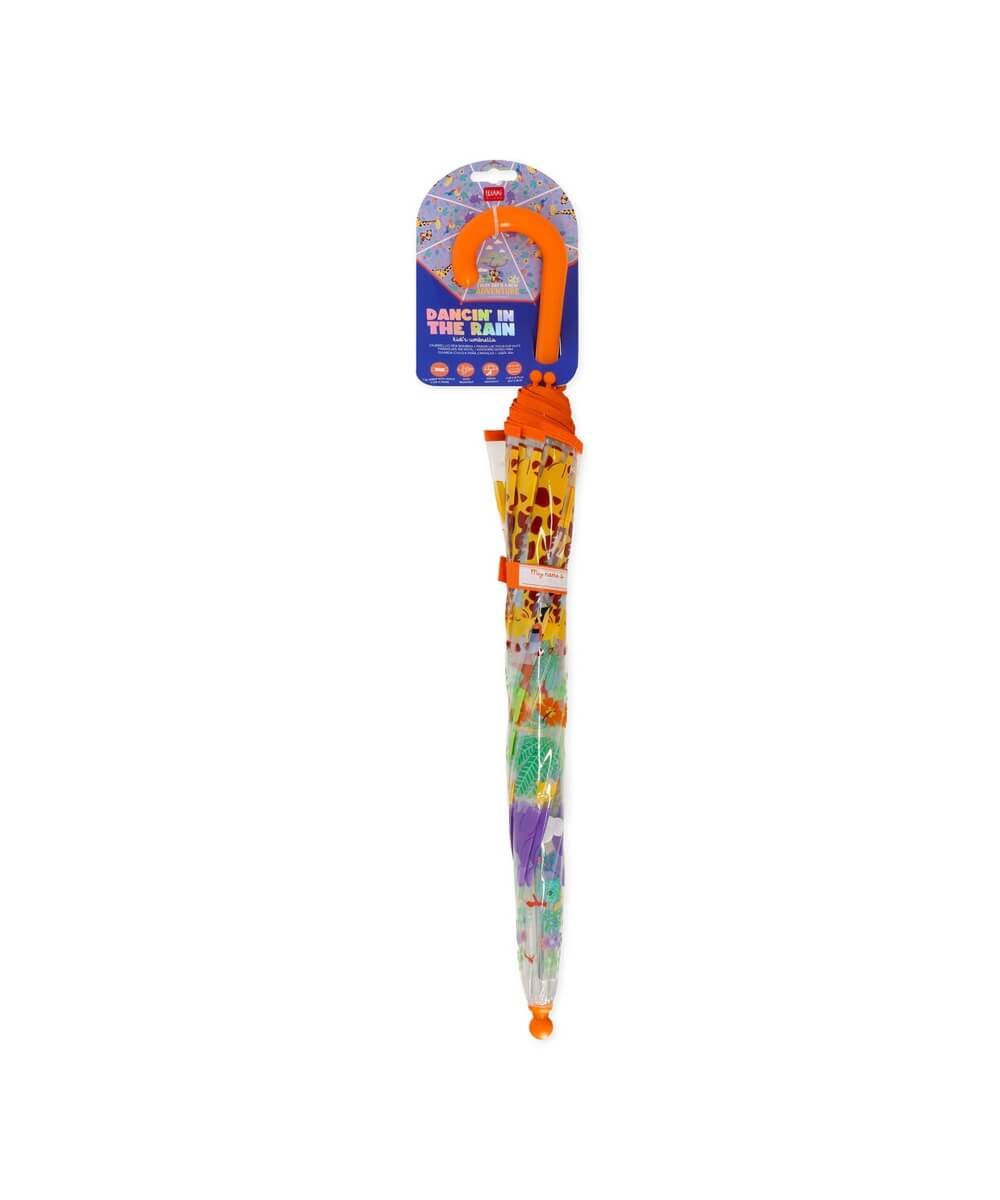Parapluie enfant Jungle de Legami fermé, présenté sur fond blanc
