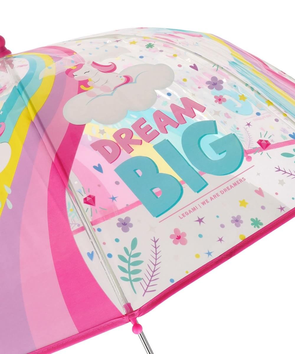 Détail du motif Licorne sur la toile transparente du parapluie enfant Legami