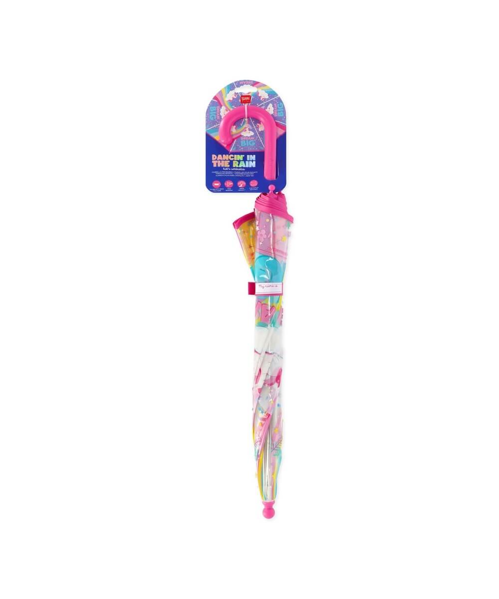 Parapluie enfant Licorne de Legami fermé, présenté sur fond blanc