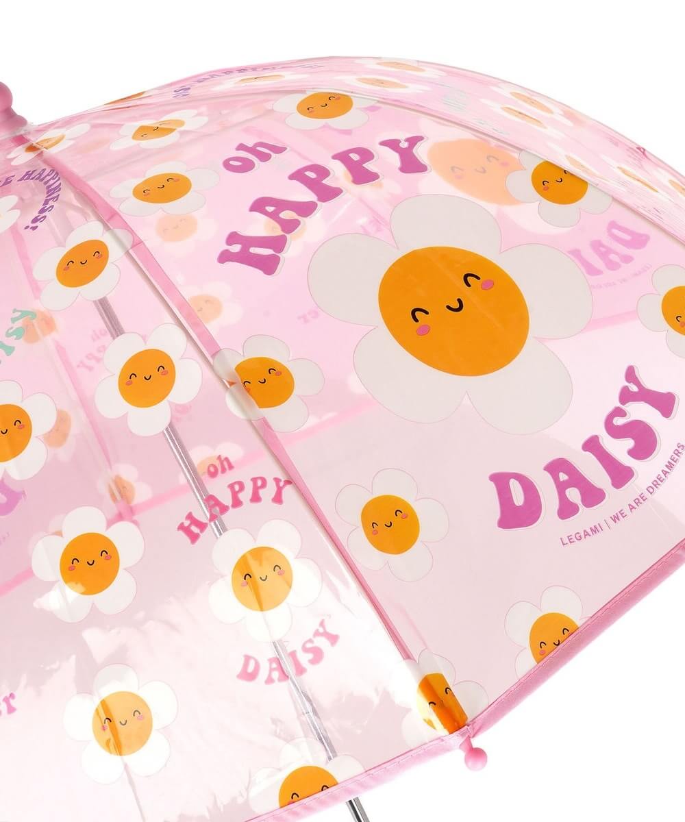 Détail du motif Marguerites sur la toile transparente du parapluie enfant Legami