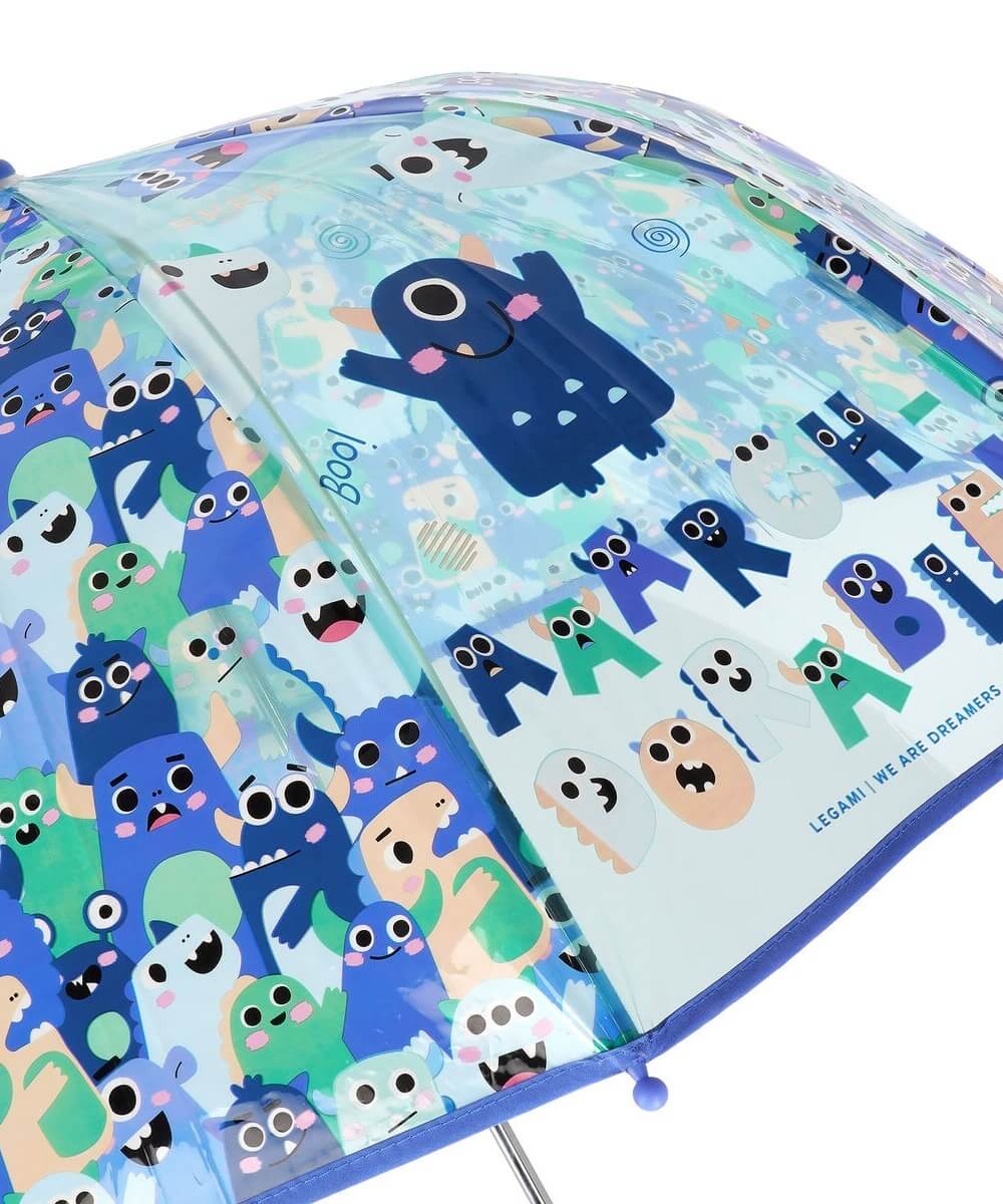 Détail du motif Monstres sur la toile transparente du parapluie enfant Legami