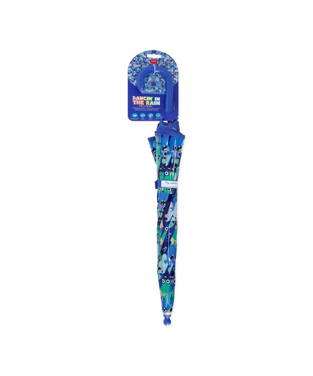 Parapluie enfant Monstres de Legami fermé, présenté sur fond blanc