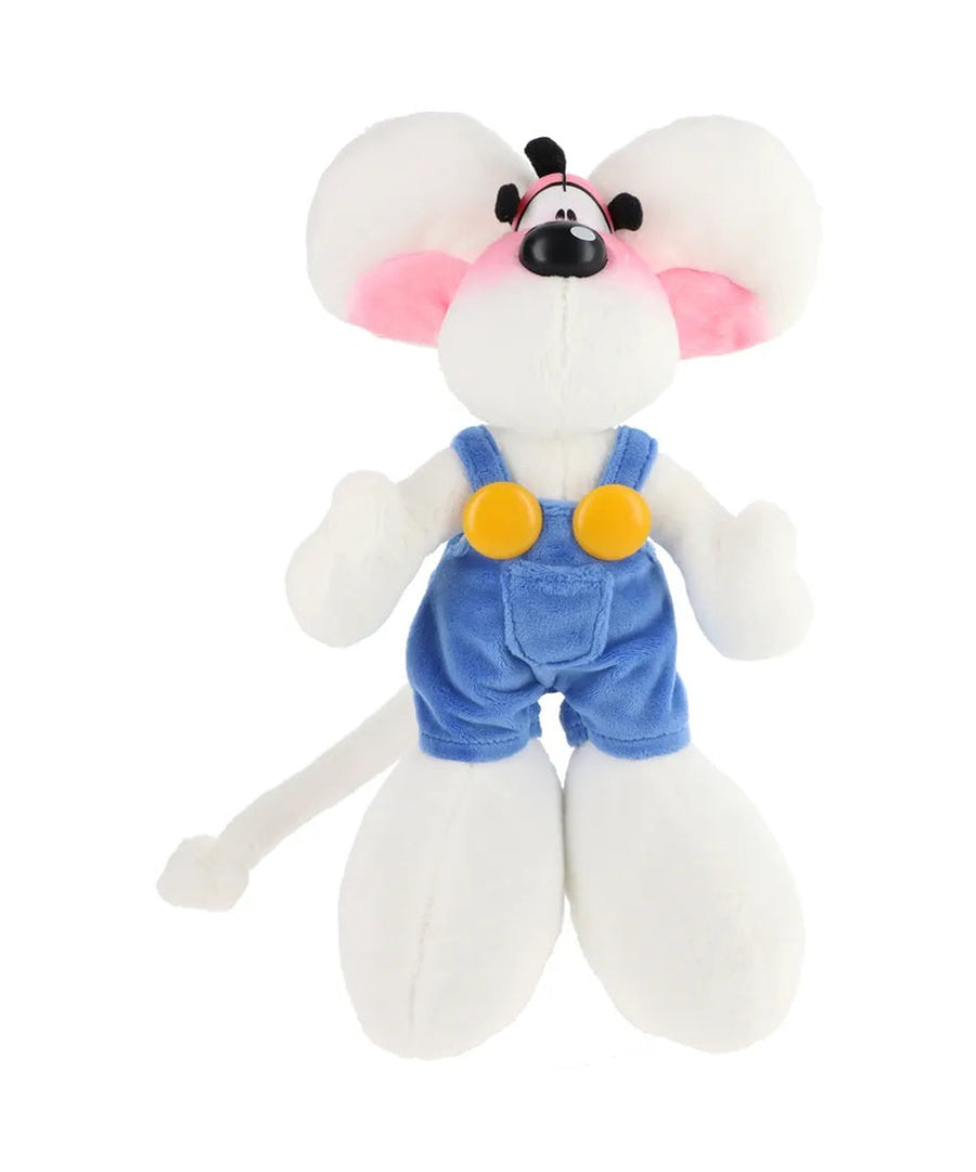 Peluche souris blanche Diddl de 30 cm avec sa salopette bleue d'origine et ses grands pieds.
