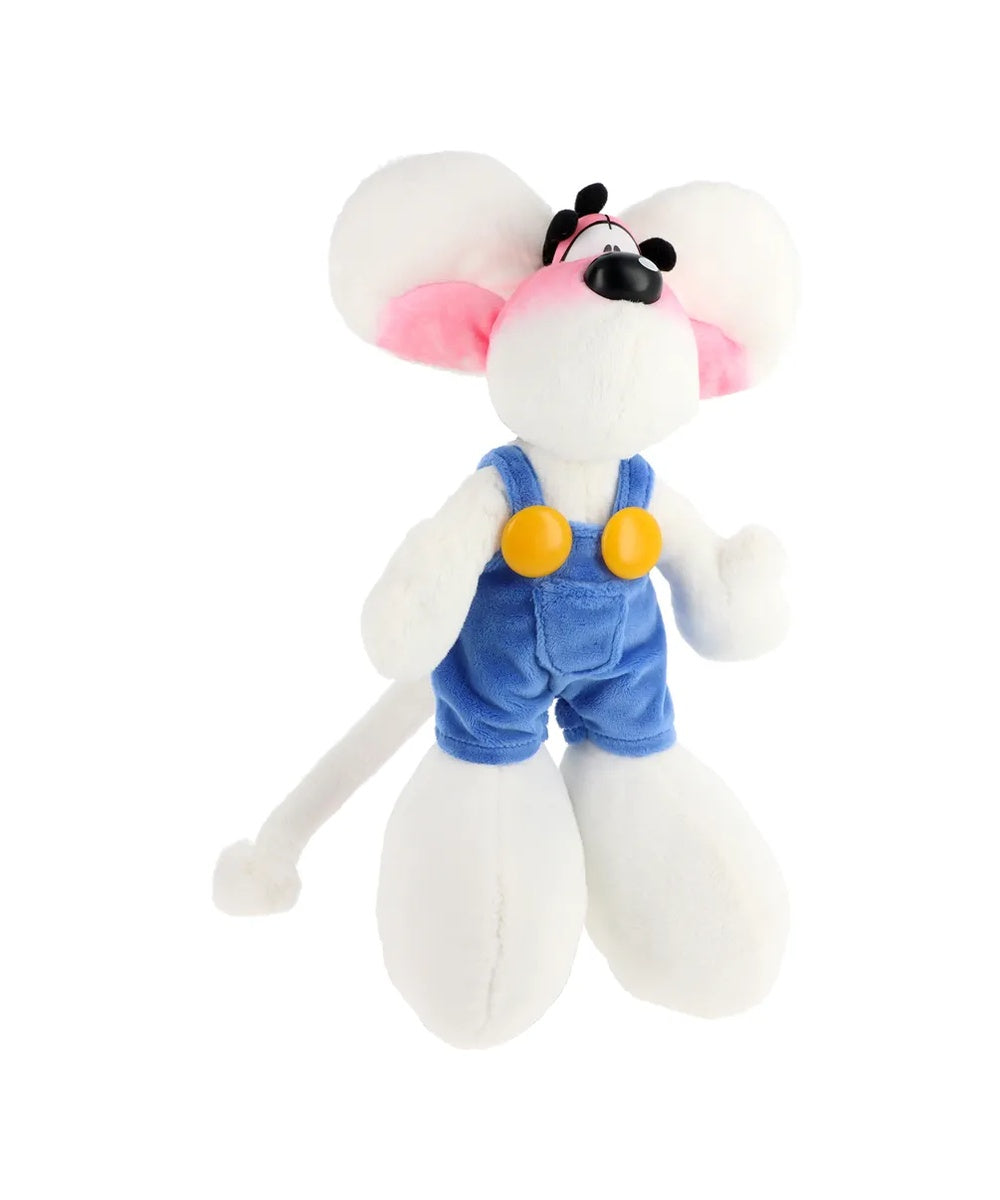 Peluche souris blanche Diddl de 30 cm avec sa salopette bleue d'origine et ses grands pieds.