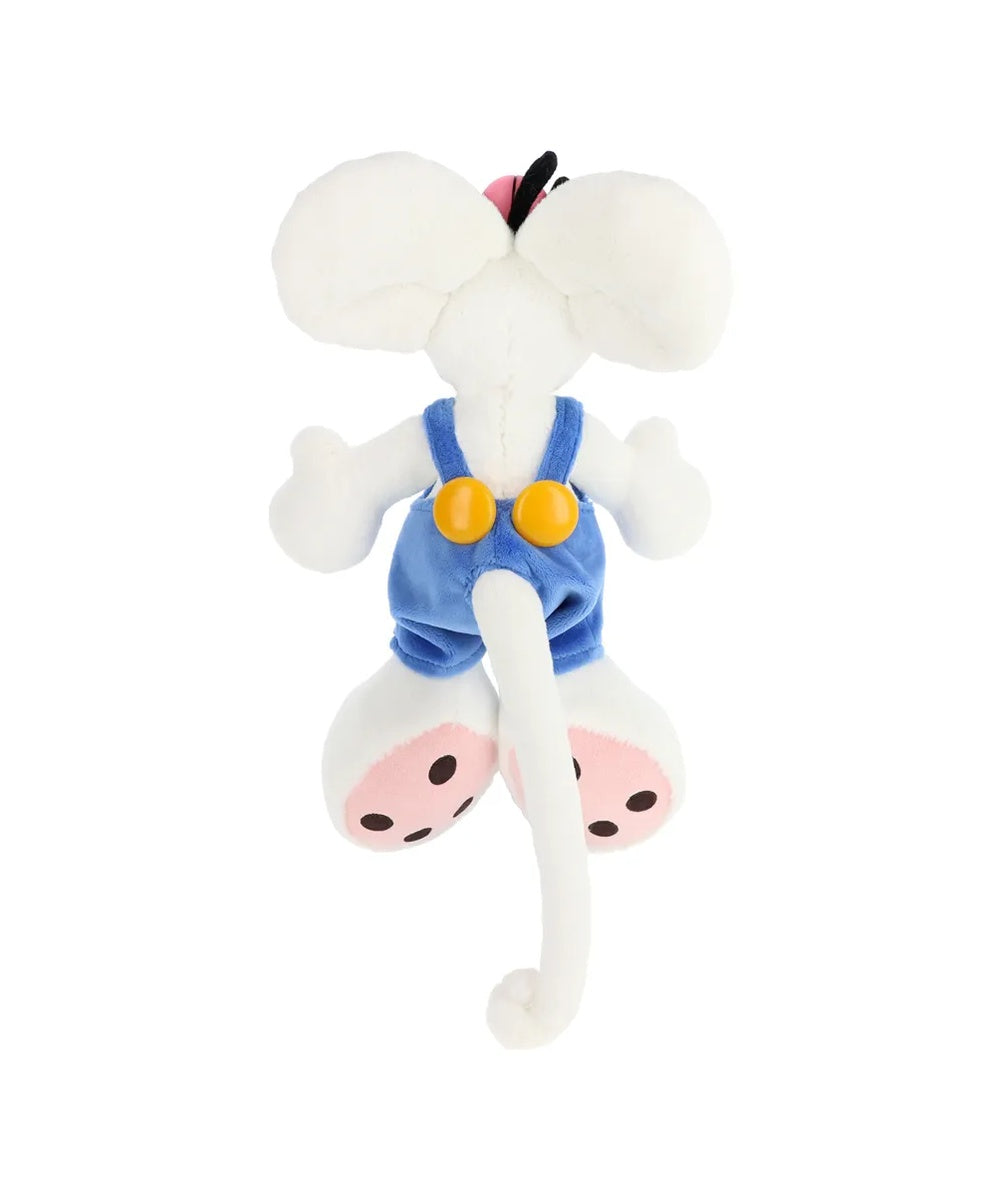 Peluche souris blanche Diddl de 30 cm avec sa salopette bleue d'origine et ses grands pieds.