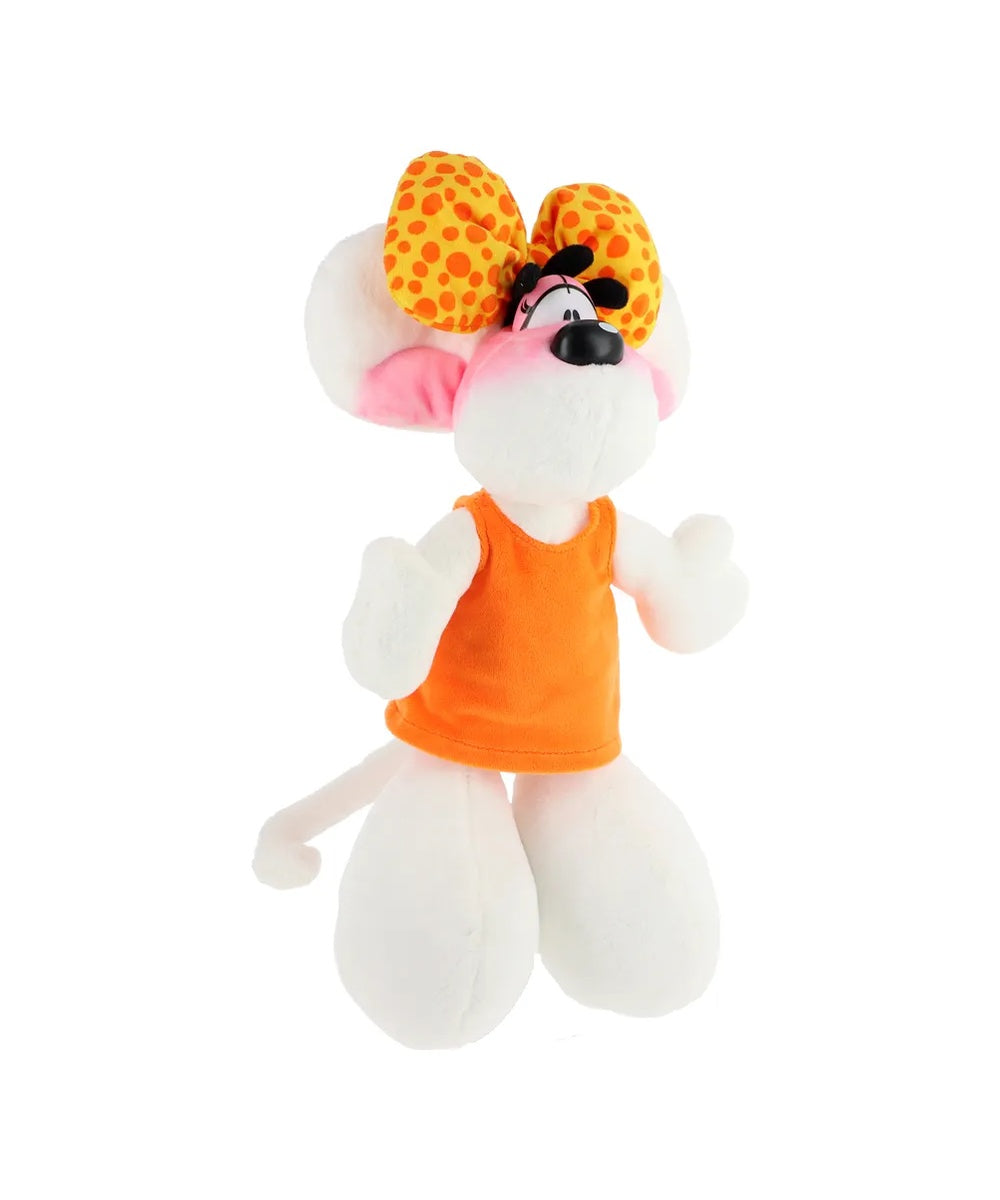 Peluche blanche Diddlina de 30 cm avec sa robe orange et ses grandes oreilles.
