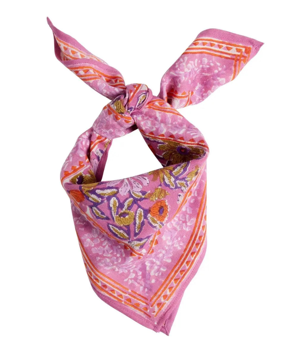 Petit foulard imprimé artisanalement en Inde, modèle Meera Orchidée de la marque française Bonheur du Jour