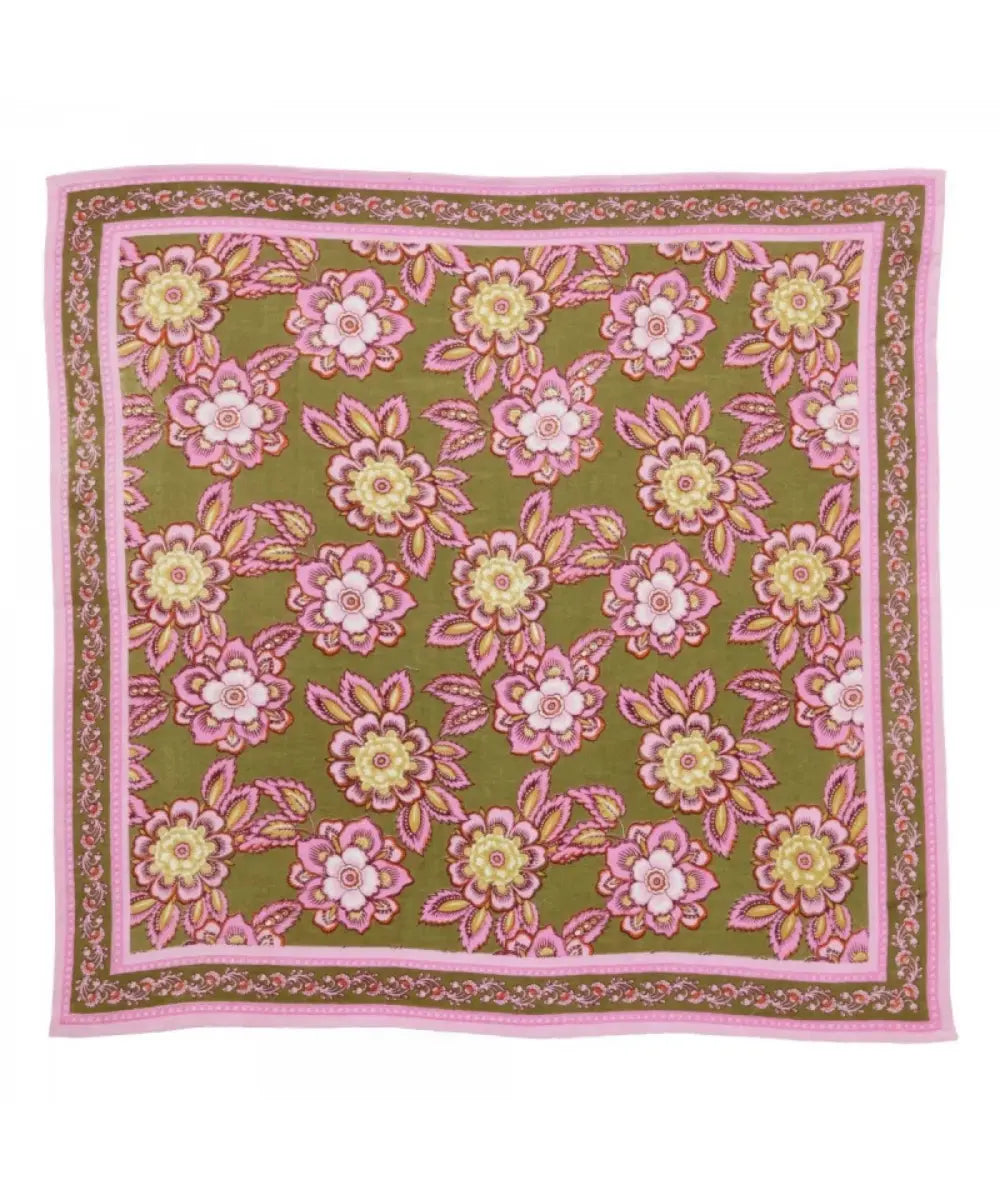 Détails des motifs du Petit foulard indien Jakarta Olive de la marque française Bonheur du Jour
