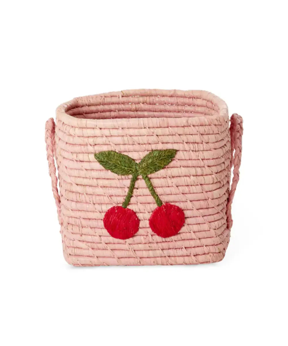 Petit panier en raphia rose motif Cerise de la marque Rice