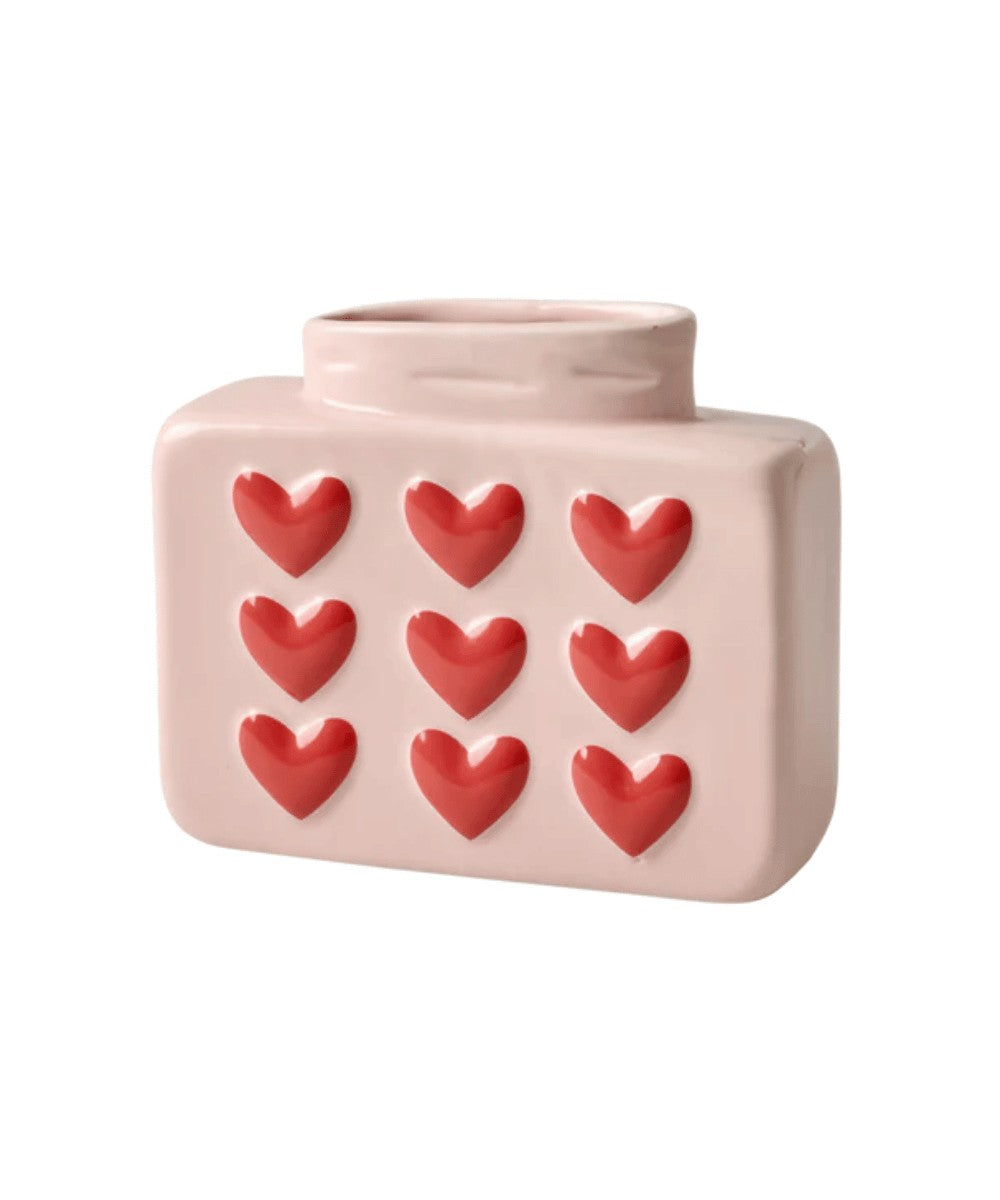 Petit Vase Carré en Céramique Rose et Cœurs de la marque Rice sur fond blanc