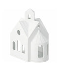 Maison photophore en porcelaine blanche mate chapelle de montagne rader avec fenetres ajourees.