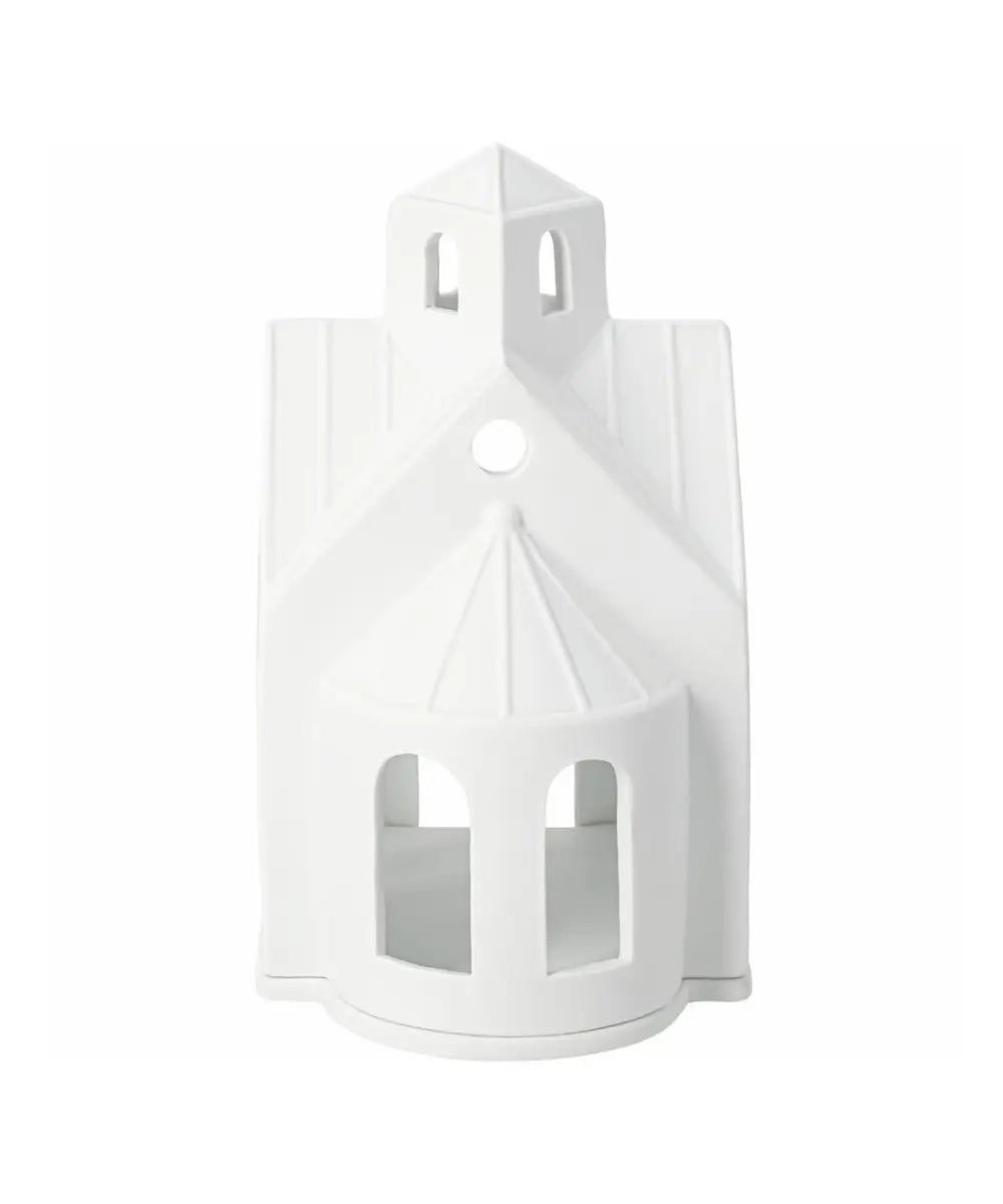 Maison photophore en porcelaine blanche mate chapelle de montagne rader avec fenetres ajourees.