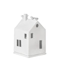 Photophore maison en porcelaine blanche de la marque Räder avec petits oiseaux perchés sur le toit.