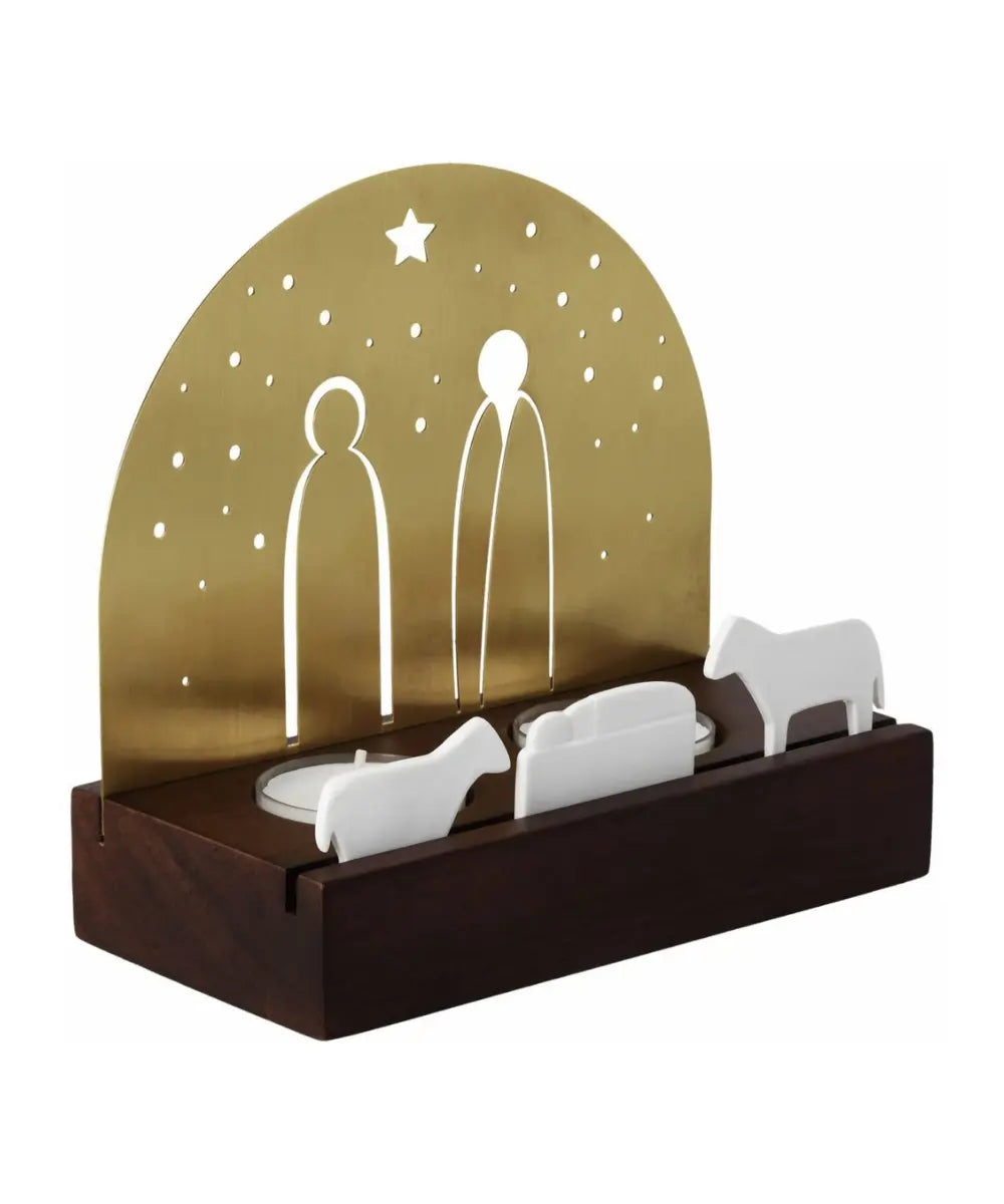 Photophore creche de noel rader en bois fonce metal dore et figurines porcelaine blanche.