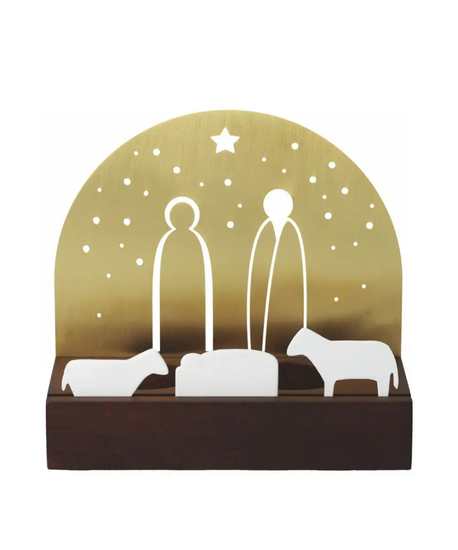 Photophore creche de noel rader en bois fonce metal dore et figurines porcelaine blanche.