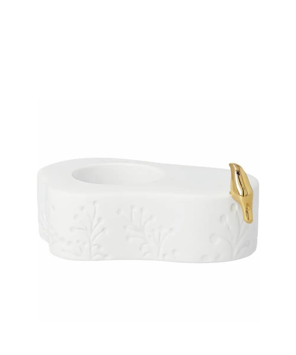 Photophore en porcelaine blanche rader avec oiseau dore et motifs branches en relief.