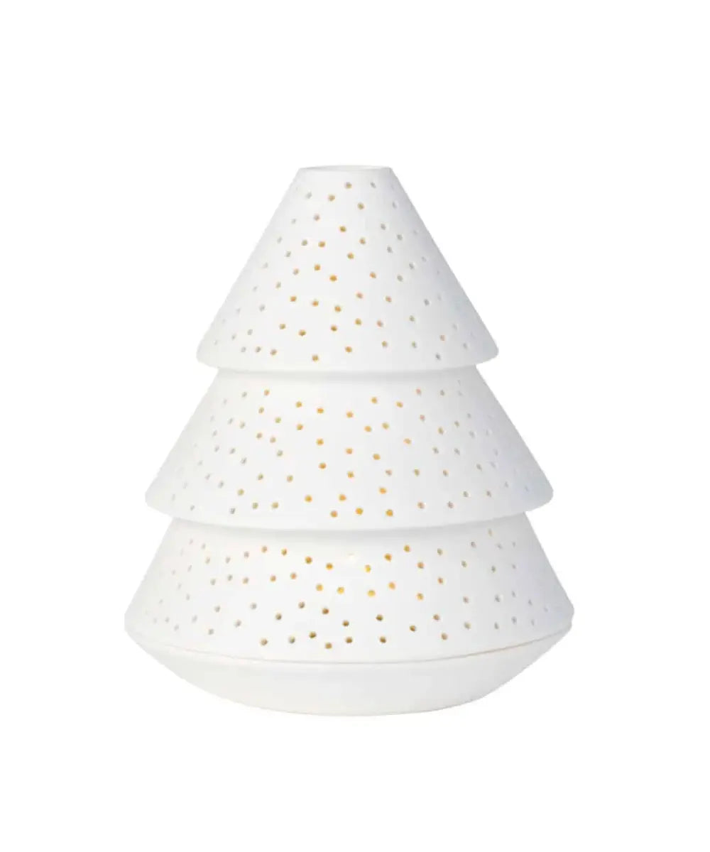 Photophore sapin en porcelaine blanche ajouree rader avec motifs pois pour bougie chauffe plat.
