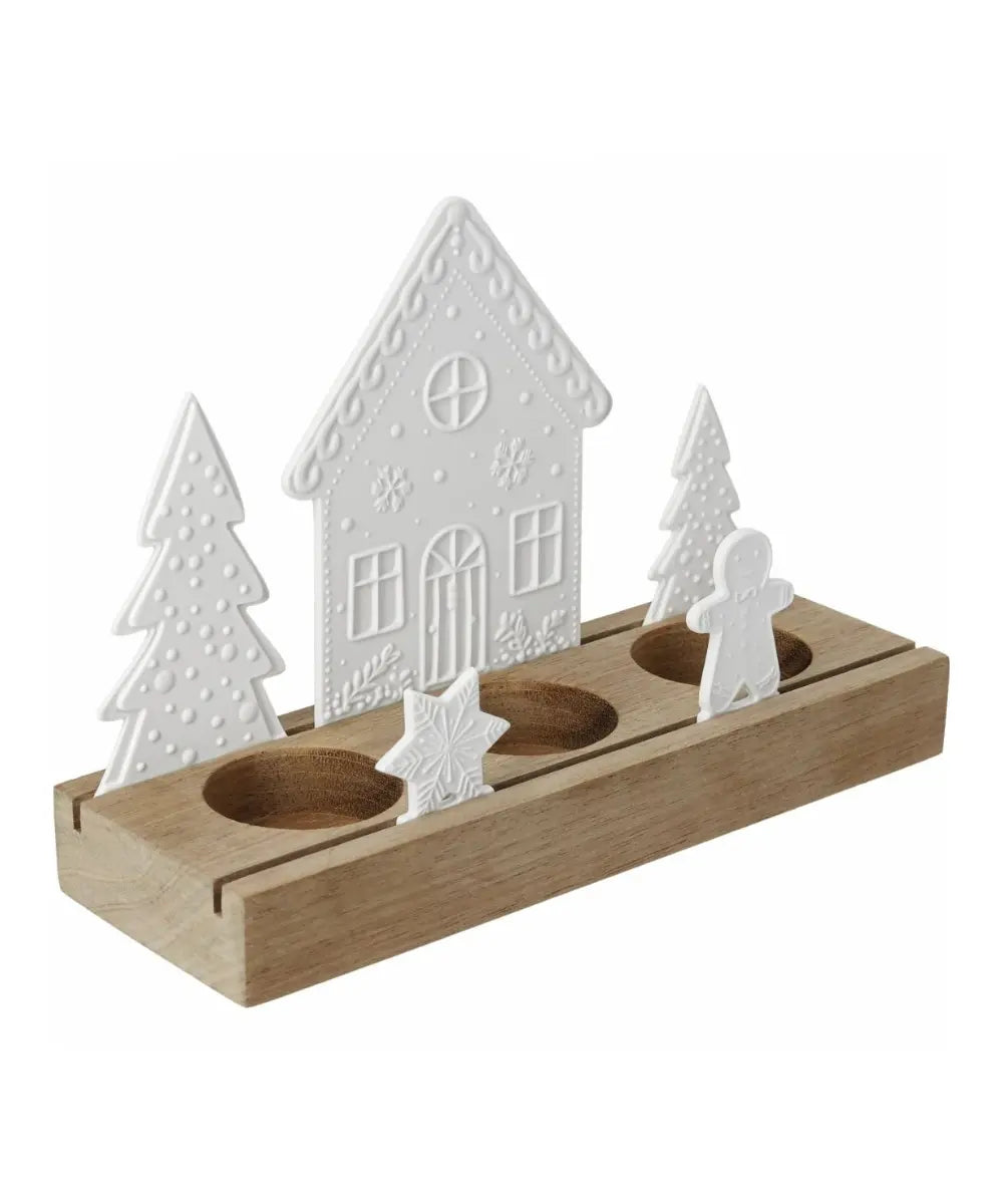 Photophore village en pain d epices rader en bois d acacia et figurines en porcelaine blanche.