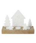 Photophore village en pain d epices rader en bois d acacia et figurines en porcelaine blanche.