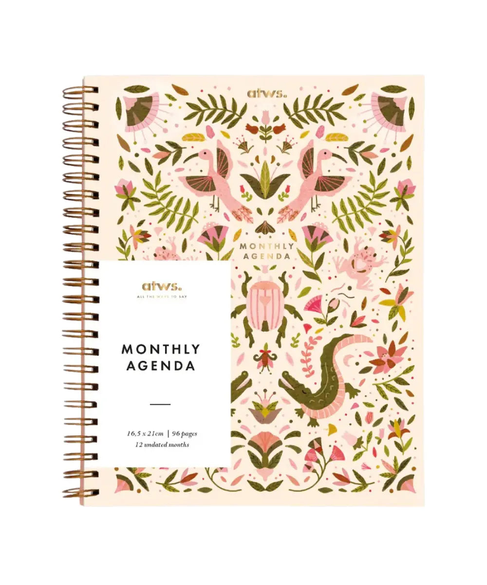 Carnet de planification mensuelle rose pastel motif crocodile avec spirales dorées de la marque All The Ways To Say.