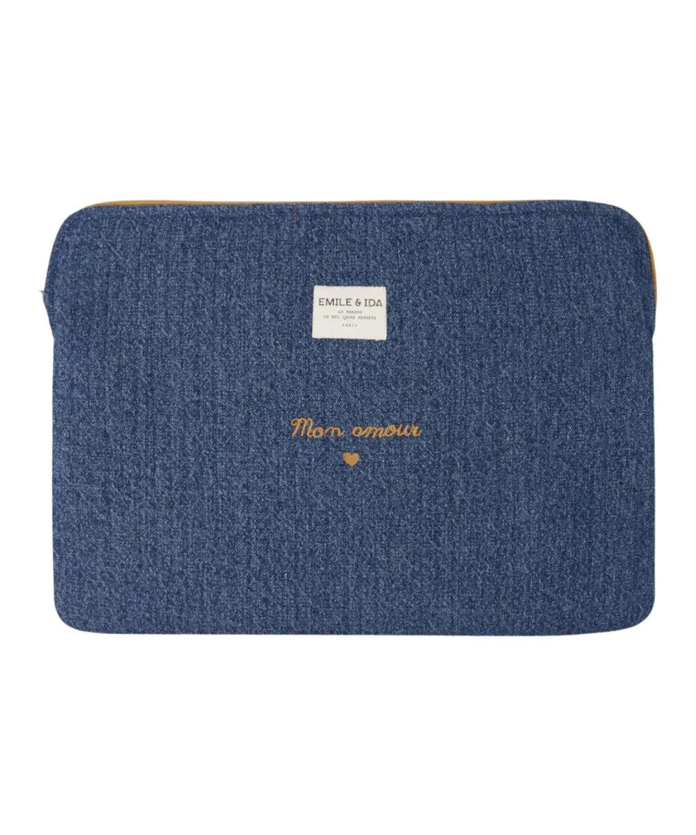 Pochette Ordinateur Denim Brodé de la marque Emile et Ida