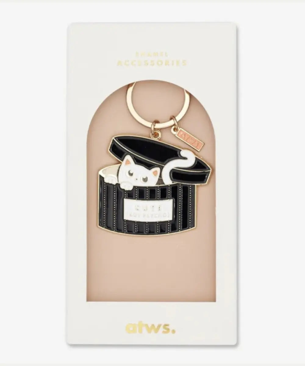 Porte-cles emaille dore motif chat blanc dans carton Cute but Psycho All The Ways To Say