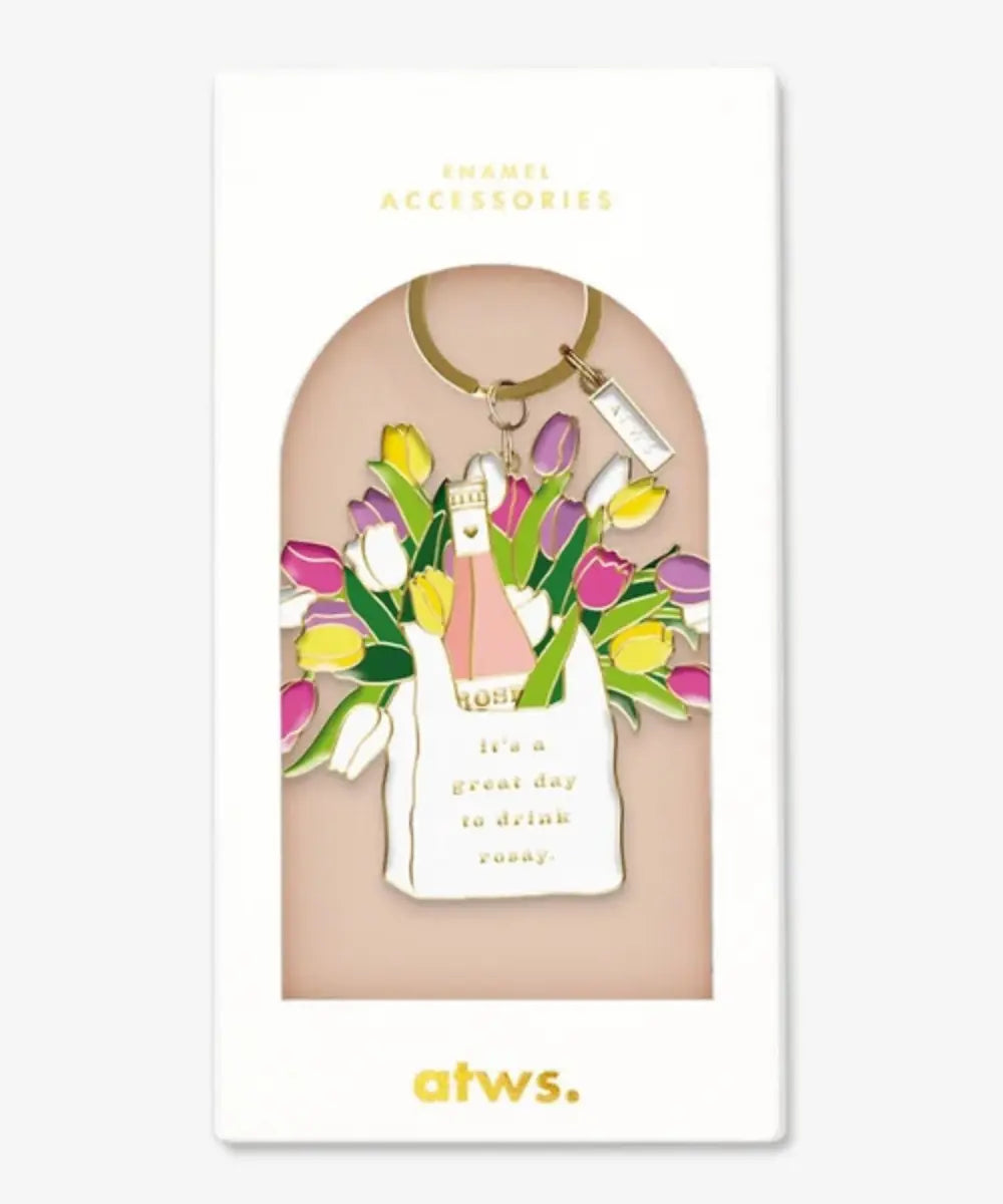 Porte-clés emaille dore motif sac fleurs tulipes et bouteille de rose Rosay Day All The Ways To Say