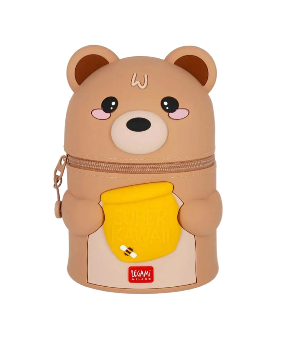 Pot à crayons Ourson Super Kawaii Legami fermé, de face sur fond blanc