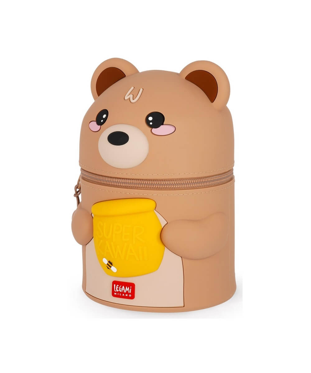 Pot à crayons Ourson Super Kawaii Legami vu de trois quarts sur fond blanc