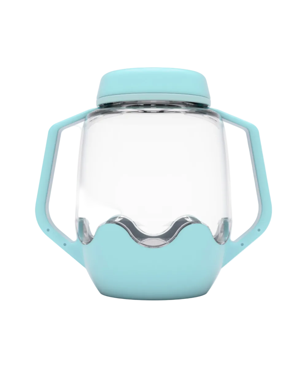 Bocal de jeu sensoriel lumineux bleu de la marque Glo Pals, personnalisable avec anses.