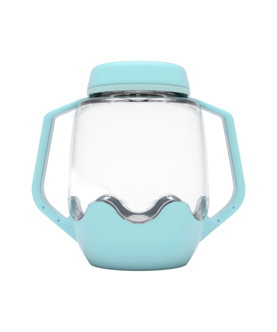 Bocal de jeu sensoriel lumineux bleu de la marque Glo Pals, personnalisable avec anses.