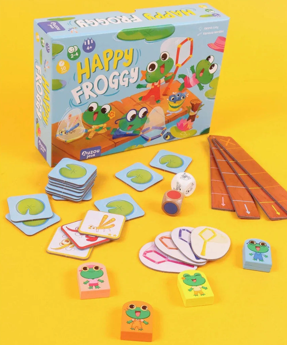 Boîte du jeu de cartes pour enfant p'tit jeu happy froggy auzou avec illustrations de grenouilles rigolotes.