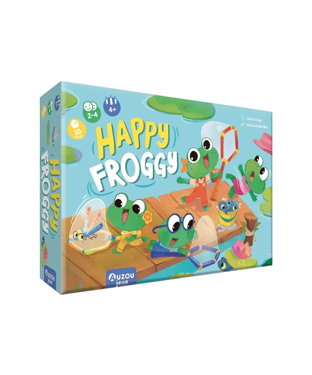 Boîte du jeu de cartes pour enfant p'tit jeu happy froggy auzou avec illustrations de grenouilles rigolotes.
