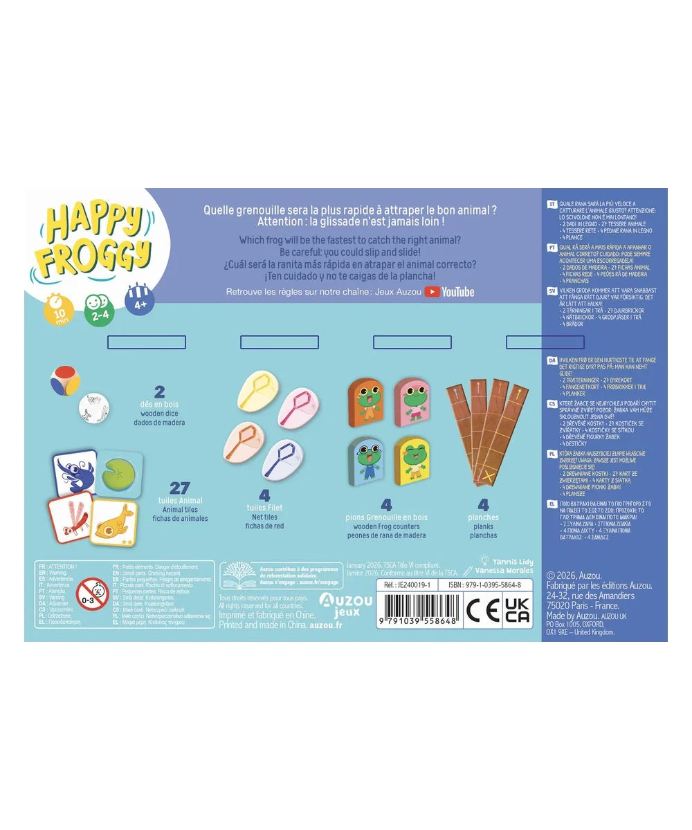 Boîte du jeu de cartes pour enfant p'tit jeu happy froggy auzou avec illustrations de grenouilles rigolotes.