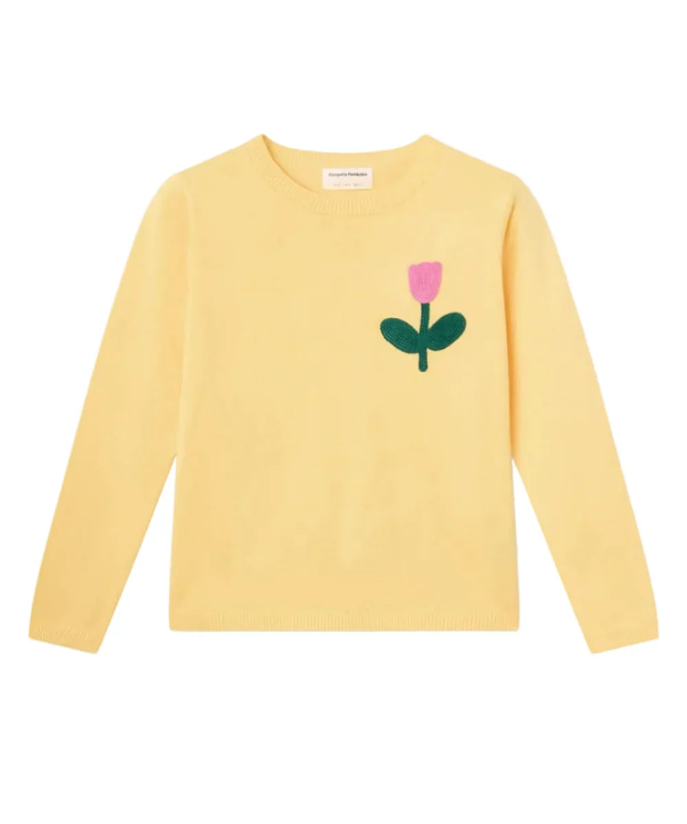 Pull jaune broderie tulipe rose de Compañía Fantástica