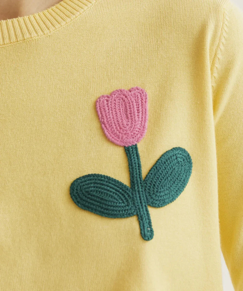 Pull jaune broderie tulipe rose de Compañía Fantástica