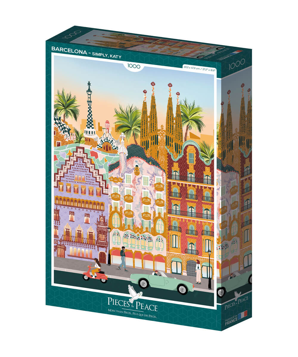 Boîte du puzzle Barcelone, 1000 pièces, de la marque Pieces & Peace, sur fond blanc