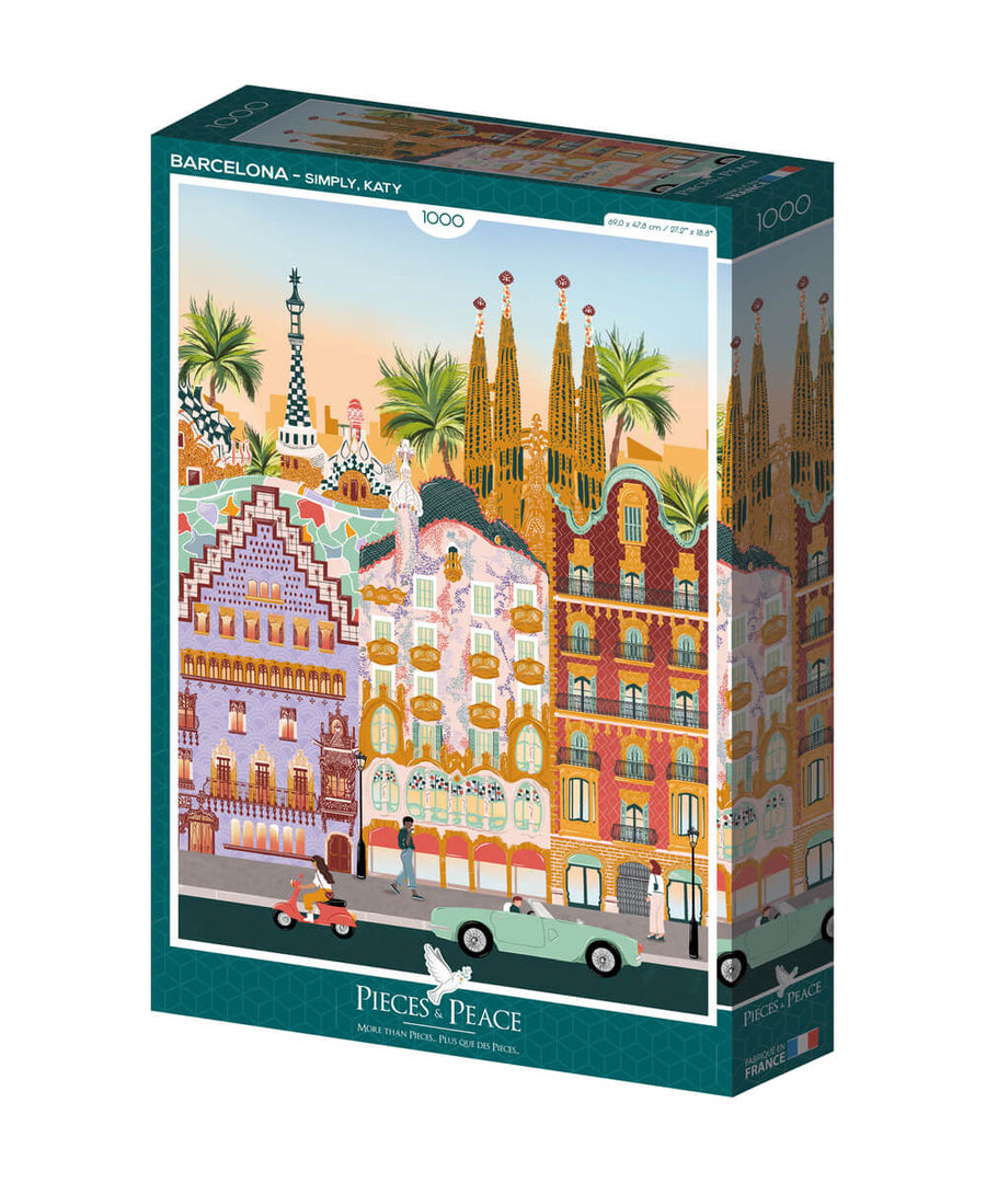 Boîte du puzzle Barcelone, 1000 pièces, de la marque Pieces & Peace, sur fond blanc
