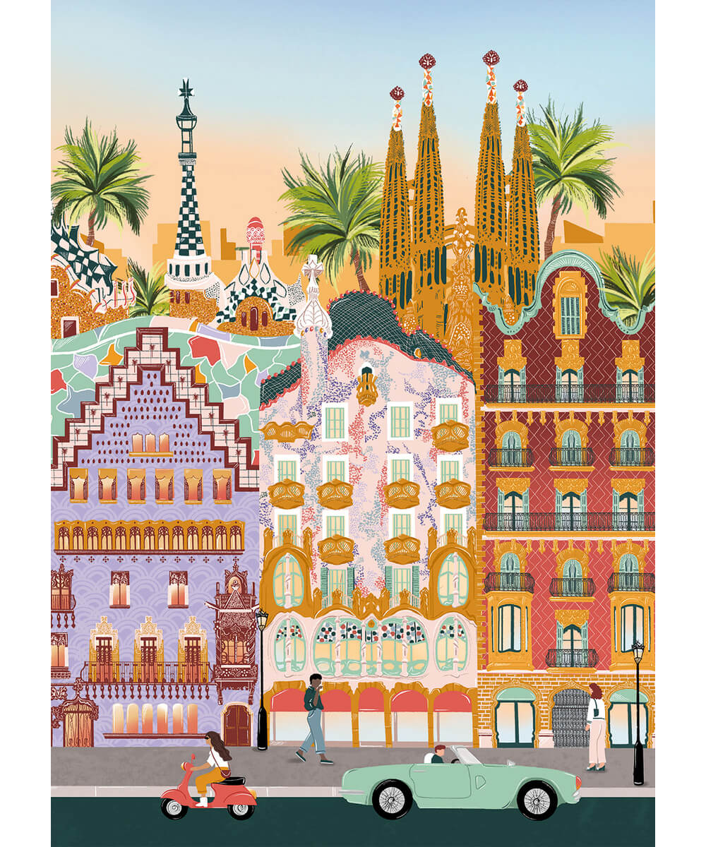 Illustration complète du puzzle Barcelone de Pieces & Peace, dessinée par Simply, Katy